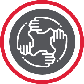 Four hands intertwined together in a circle.